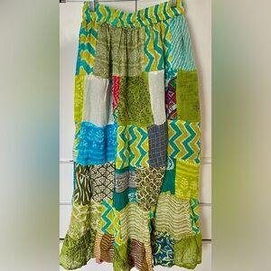 Green Patchwork Maxi Skirt - Boho Tiered Design